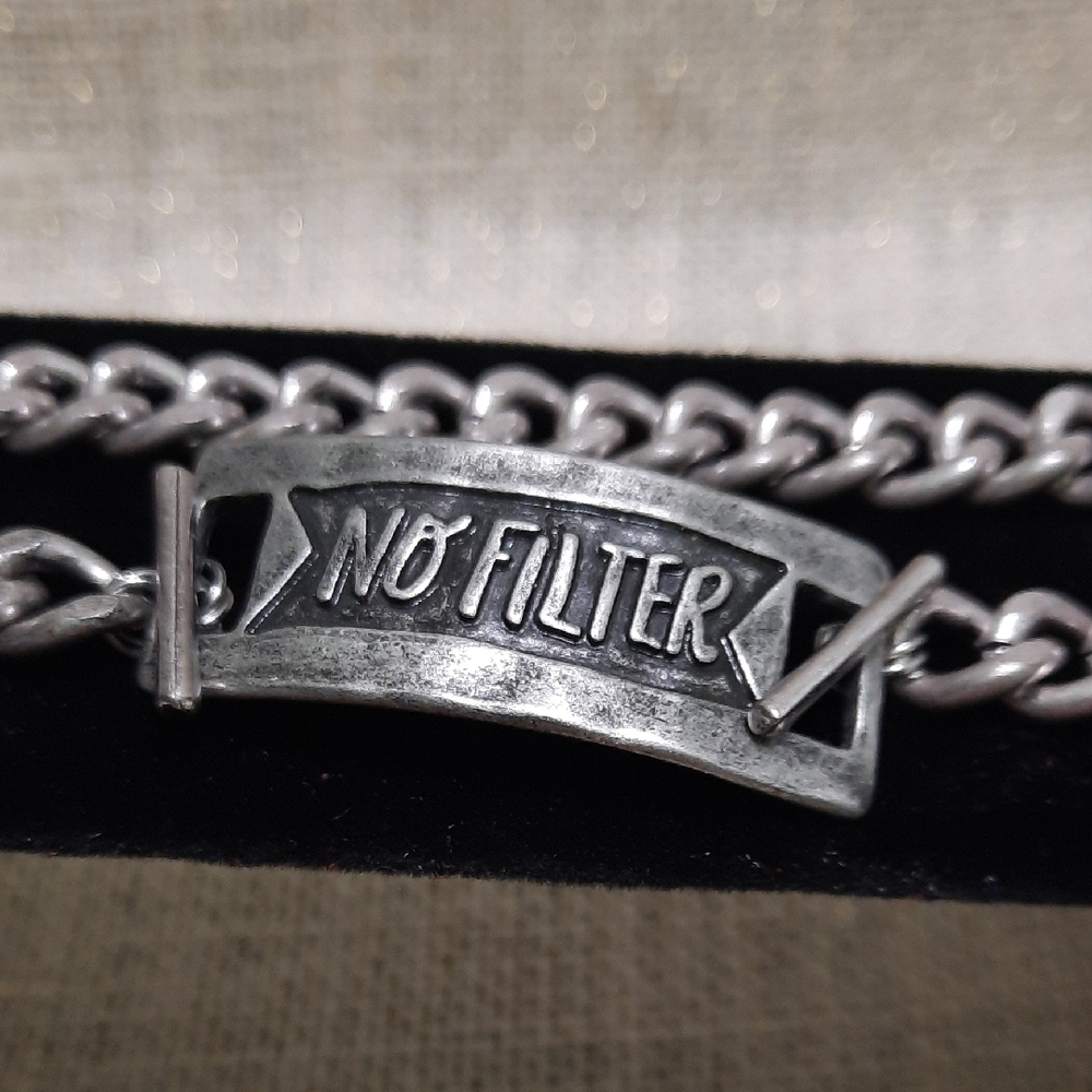 Antique Silver 'No Filter' Engraved Plate & Chain - Wrap Bracelet or Choker